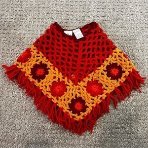 Koala Kids Orange Yellow Crochet Baby Fringed Poncho Festival Hippie 70s Fall